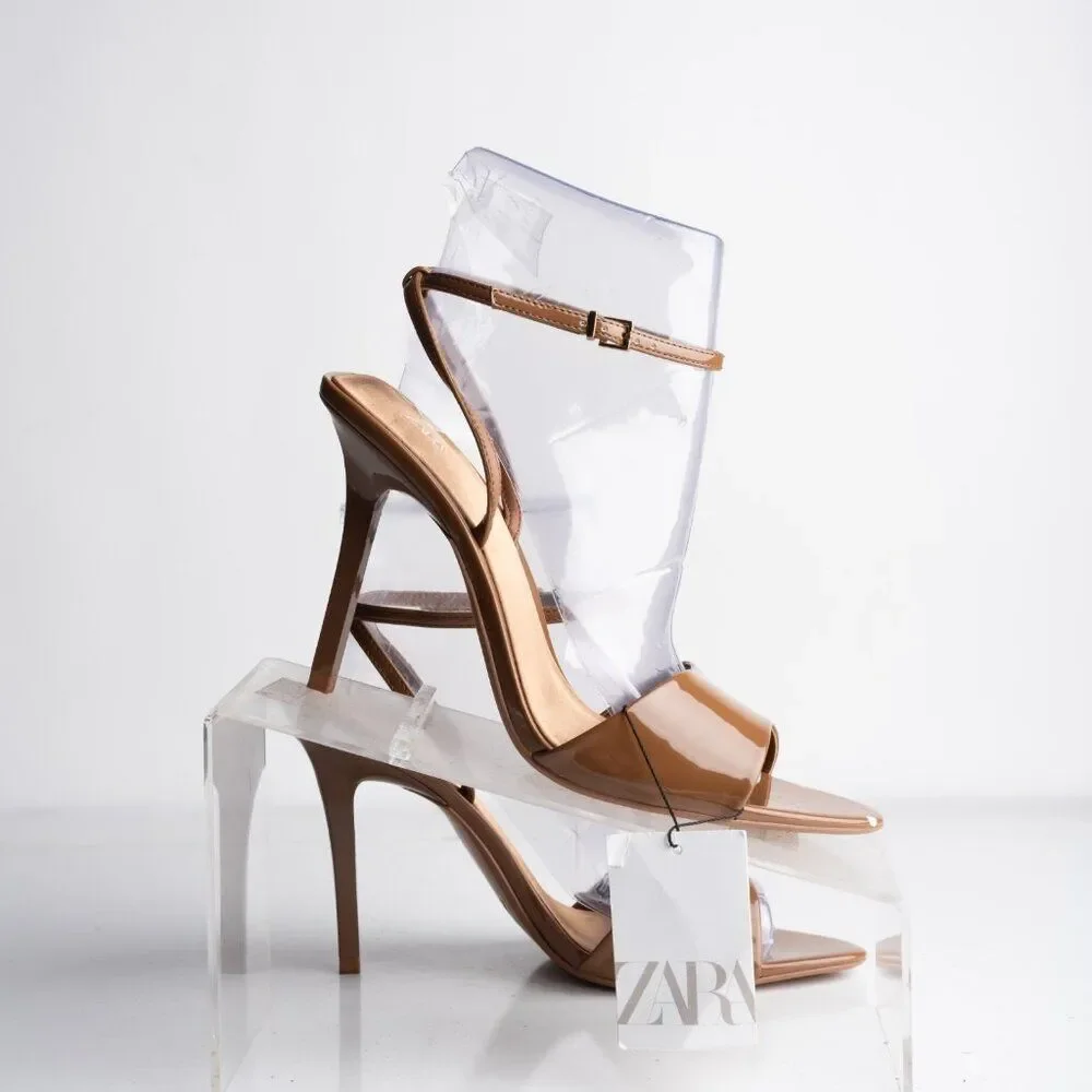 Zara Womens Glossy Mule Strappy Heels Brown US 7.5 EU 38 New with Defects - Picture 7 of 9